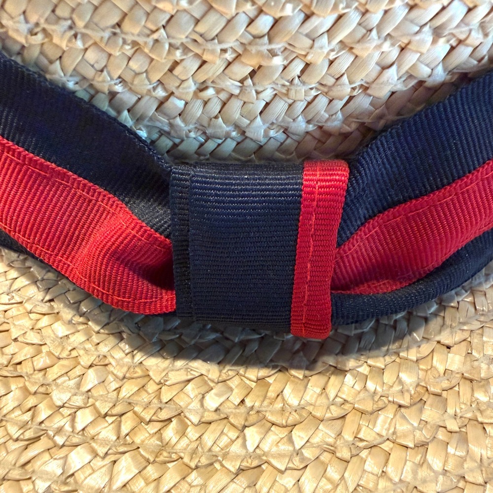 Scala Classica Natural Straw Boater Hat Navy Red Ribbon Bow Skimmer Handmade - Picture 5 of 8